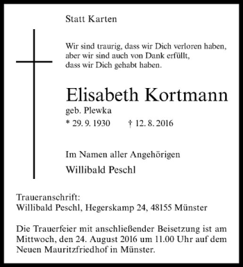 Anzeige von Elisabeth Kortmann von Westfälische Nachrichten
