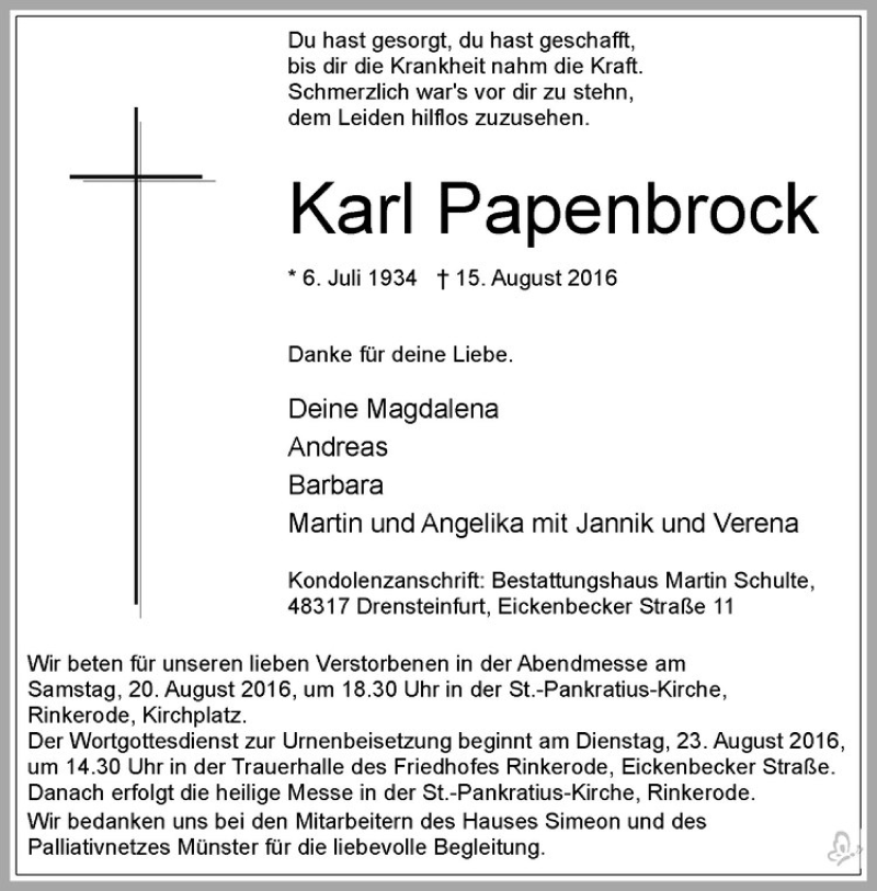  Traueranzeige für Karl Papenbrock vom 18.08.2016 aus Westfälische Nachrichten