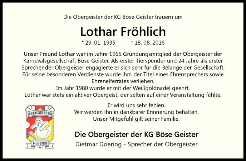  Traueranzeige für Lothar Fröhlich vom 24.08.2016 aus Westfälische Nachrichten
