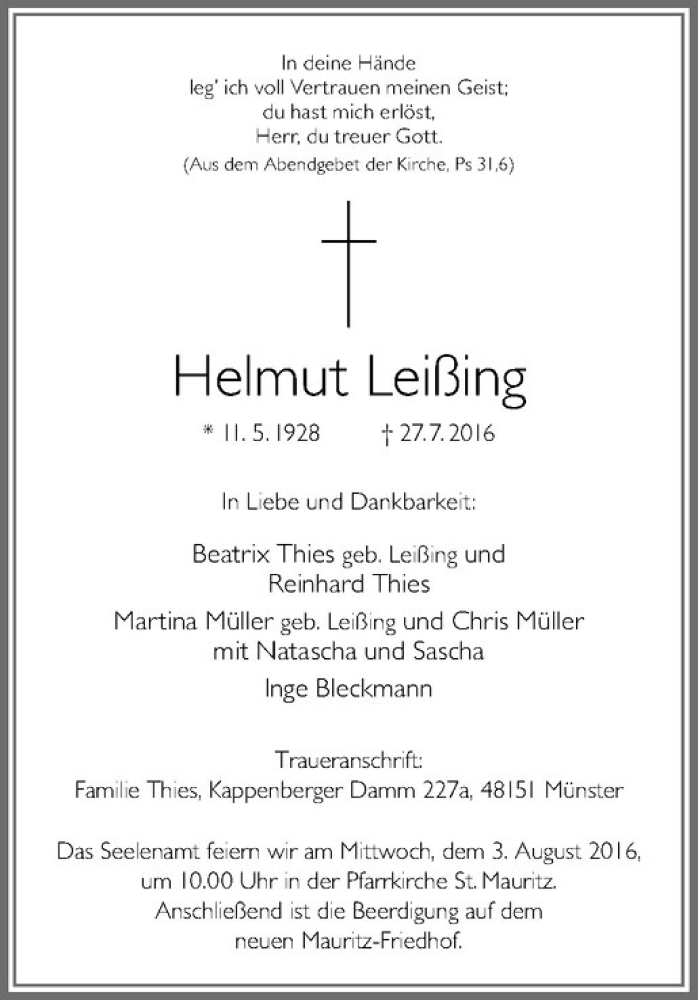  Traueranzeige für Helmut Leißing vom 01.08.2016 aus Westfälische Nachrichten