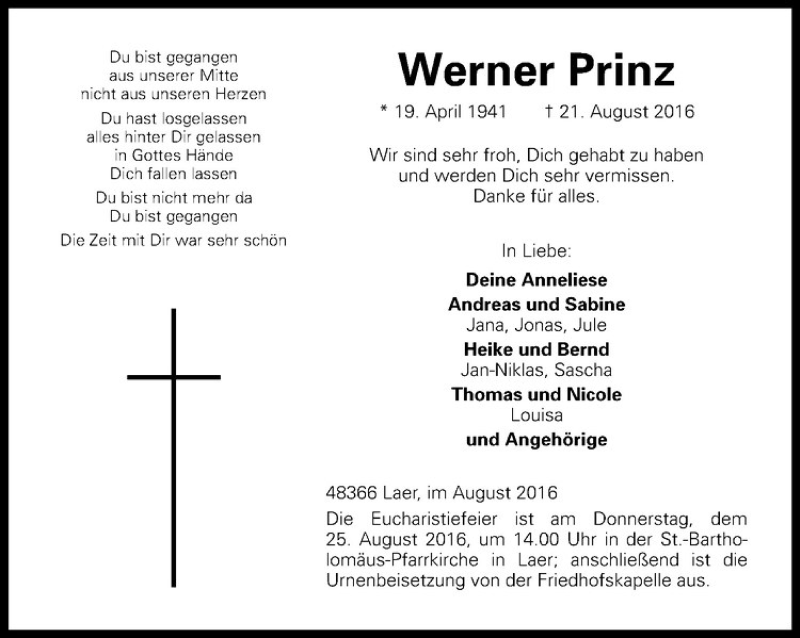  Traueranzeige für Werner Prinz vom 23.08.2016 aus Westfälische Nachrichten