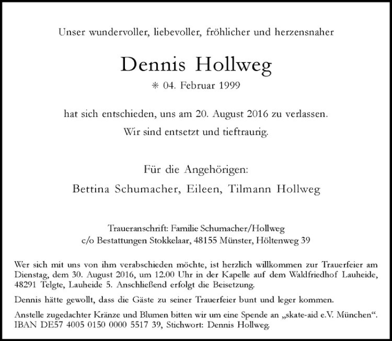  Traueranzeige für Dennis Hollweg vom 24.08.2016 aus Westfälische Nachrichten
