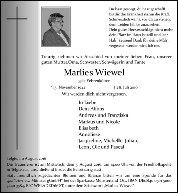 Anzeige von Marlies Wiewel von Westfälische Nachrichten