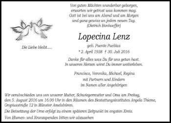 Anzeige von Lopecina Lenz von Westfälische Nachrichten