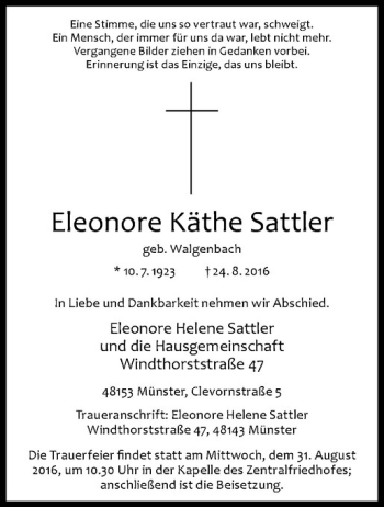 Anzeige von Eleonore Käthe Sattler von Westfälische Nachrichten