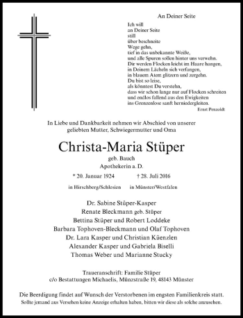 Anzeige von Christa-Maria Stüper von Westfälische Nachrichten