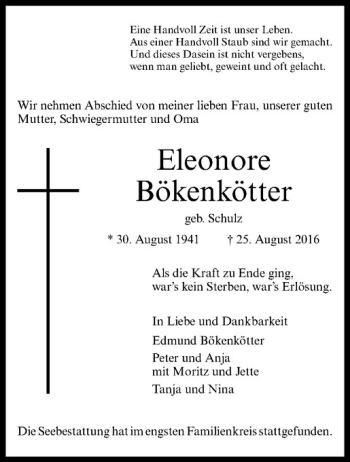 Anzeige von Eleonore Bökenkötter von Westfälische Nachrichten