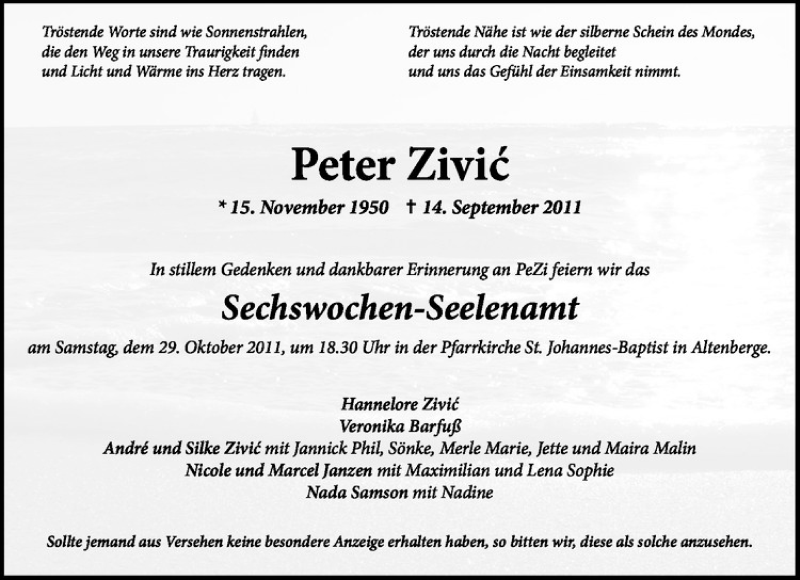  Traueranzeige für Peter Zivic vom 22.10.2011 aus Westfälische Nachrichten