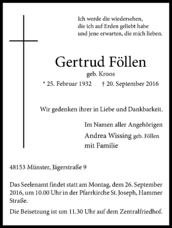 Anzeige von Gertrud Föllen von Westfälische Nachrichten