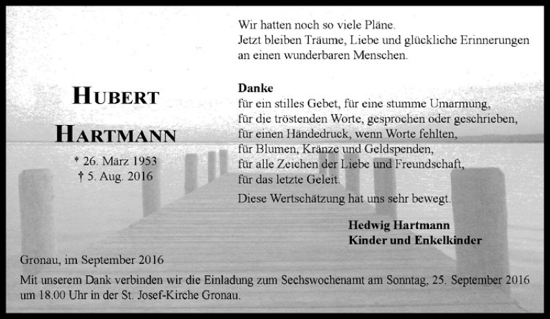  Traueranzeige für Hubert Hartmann vom 21.09.2016 aus Westfälische Nachrichten