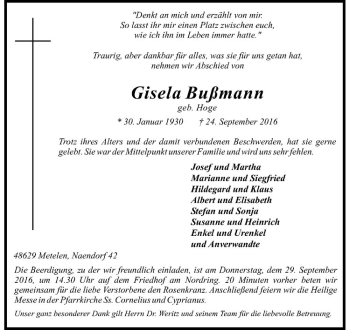 Anzeige von Gisela Bußmann von Westfälische Nachrichten