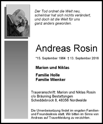 Anzeige von Andreas Rosin von Westfälische Nachrichten