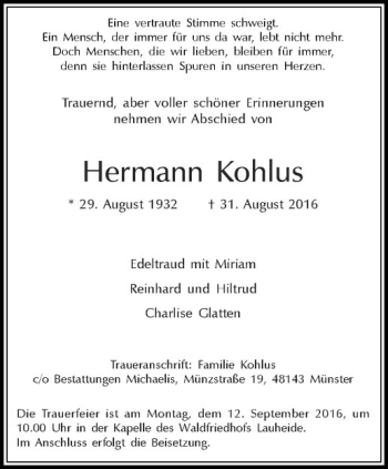 Anzeige von Hermann Kohlus von Westfälische Nachrichten