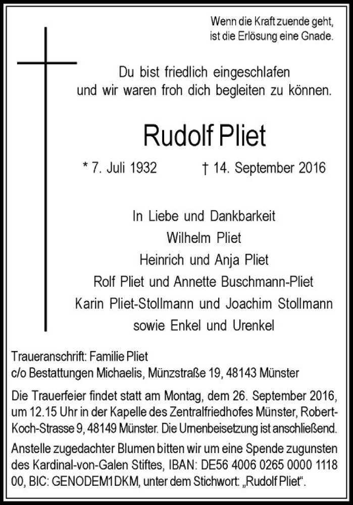  Traueranzeige für Rudolf Pliet vom 23.09.2016 aus Westfälische Nachrichten