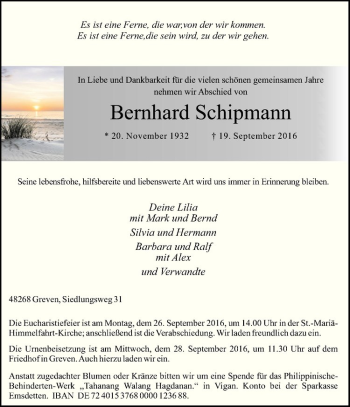 Anzeige von Bernhard Schipmann von Westfälische Nachrichten