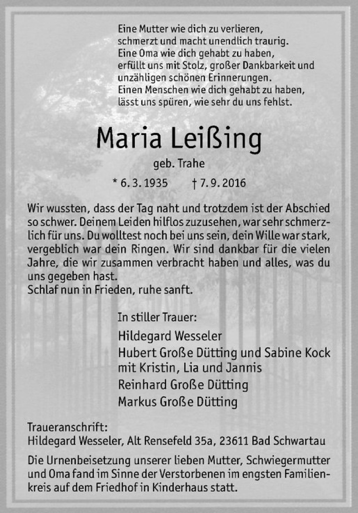  Traueranzeige für Maria Leißing vom 14.09.2016 aus Westfälische Nachrichten