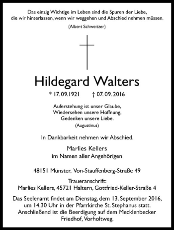 Anzeige von Hildegard Walters von Westfälische Nachrichten