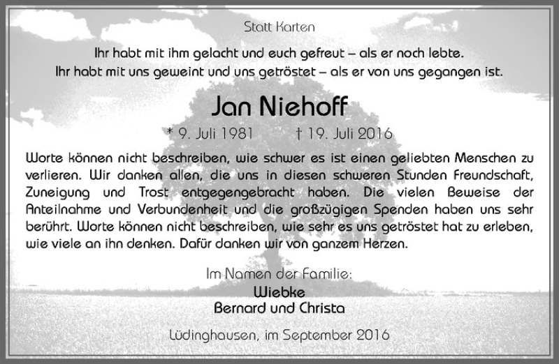  Traueranzeige für Jan Niehoff vom 03.09.2016 aus Westfälische Nachrichten