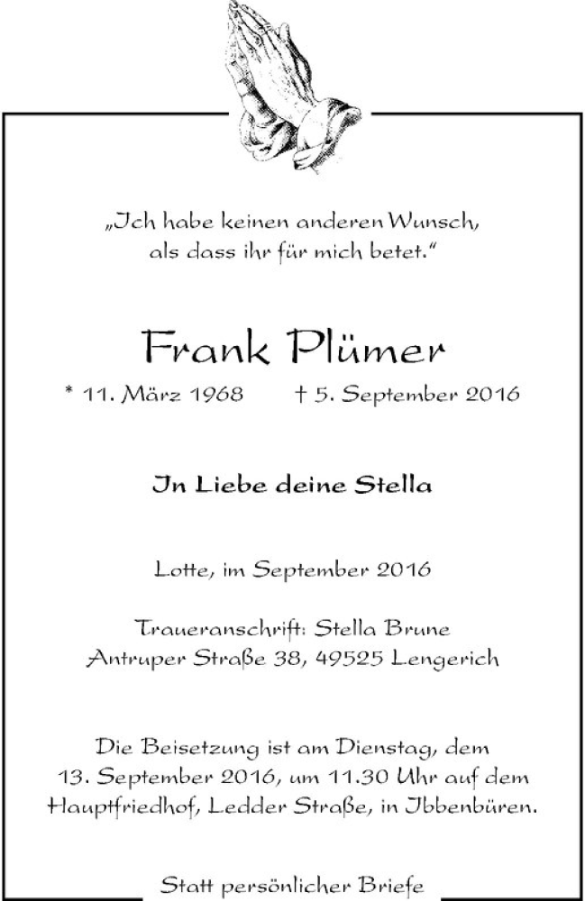  Traueranzeige für Frank Plümer vom 10.09.2016 aus Westfälische Nachrichten