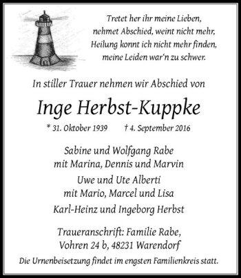Anzeige von Inge Herbst-Kuppke von Westfälische Nachrichten