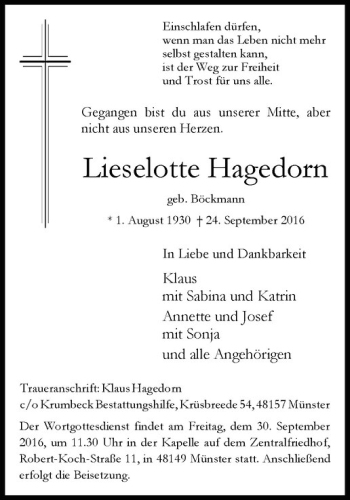 Anzeige von Lieselotte Hagedorn von Westfälische Nachrichten