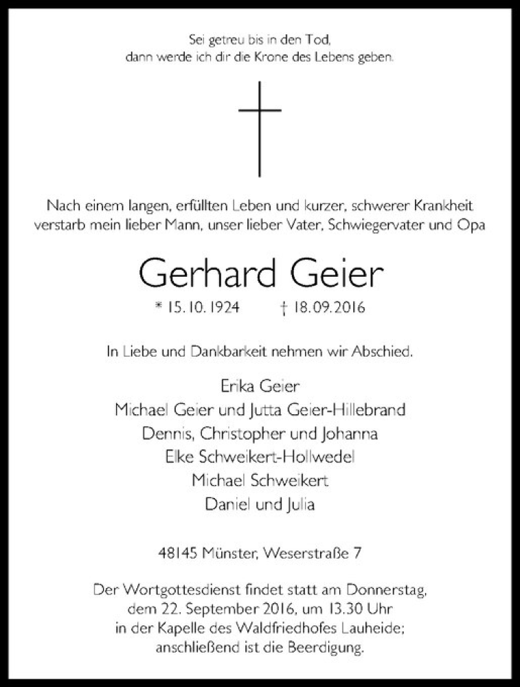  Traueranzeige für Gerhard Geier vom 20.09.2016 aus Westfälische Nachrichten