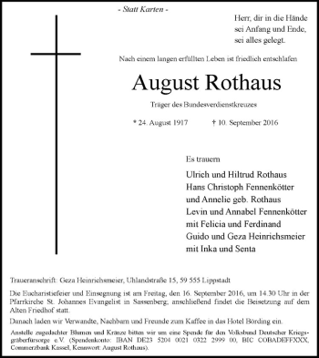 Anzeige von August Rothaus von Westfälische Nachrichten