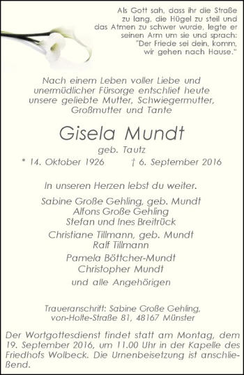 Anzeige von Gisela Mundt von Westfälische Nachrichten