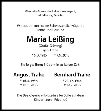 Anzeige von August Trahe von Westfälische Nachrichten