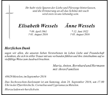 Anzeige von Änne Wessels von Westfälische Nachrichten