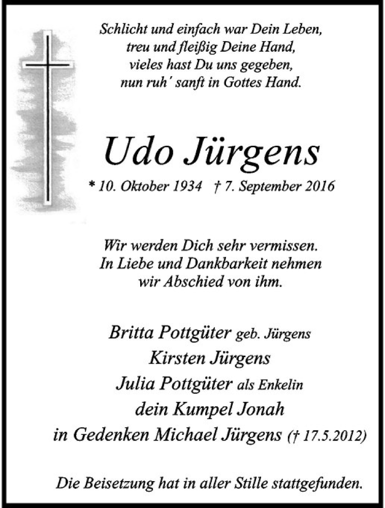  Traueranzeige für Udo Jürgens vom 17.09.2016 aus Westfälische Nachrichten