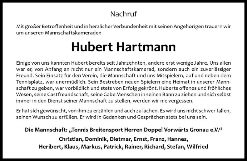  Traueranzeige für Hubert Hartmann vom 13.08.2016 aus Westfälische Nachrichten