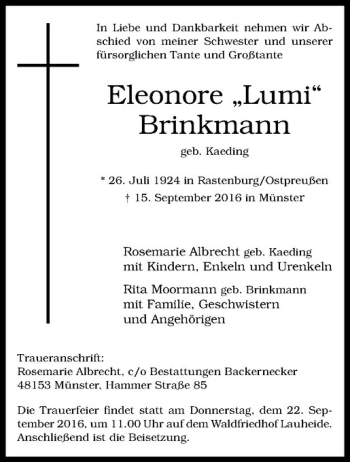 Anzeige von Eleonore Brinkmann Kaeding von Westfälische Nachrichten