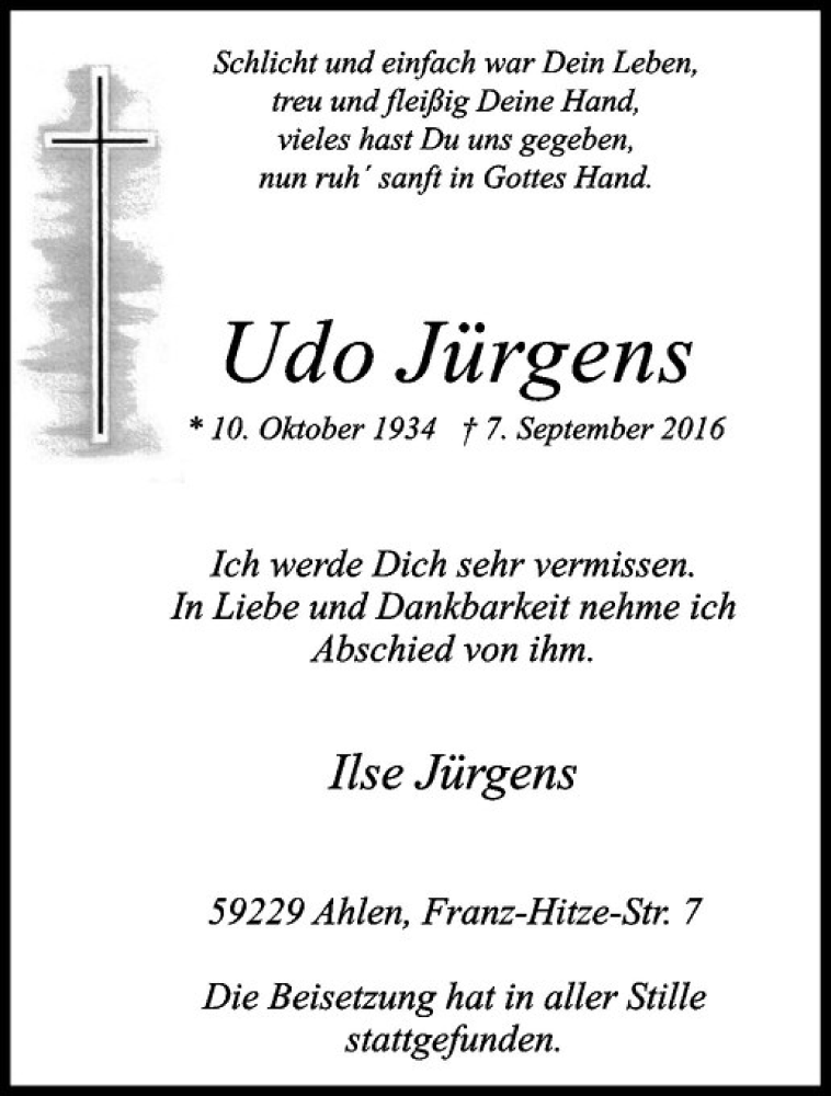  Traueranzeige für Udo Jürgens vom 17.09.2016 aus Westfälische Nachrichten
