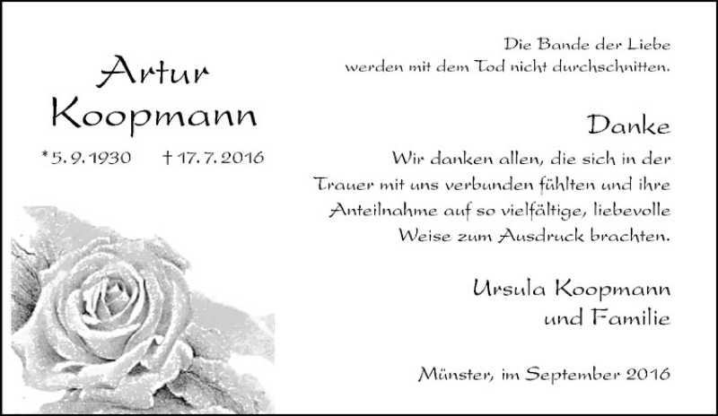  Traueranzeige für Artur Koopmann vom 03.09.2016 aus Westfälische Nachrichten