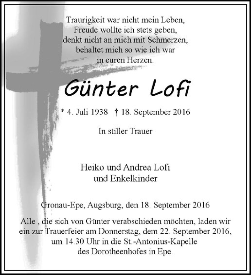  Traueranzeige für Günter Lofi vom 20.09.2016 aus Westfälische Nachrichten