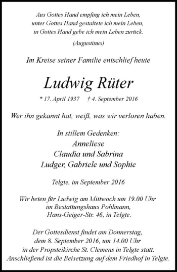 Anzeige von Ludwig Rüter von Westfälische Nachrichten