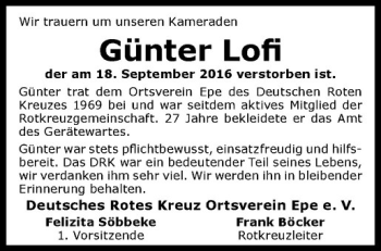 Anzeige von Günter Lofi von Westfälische Nachrichten