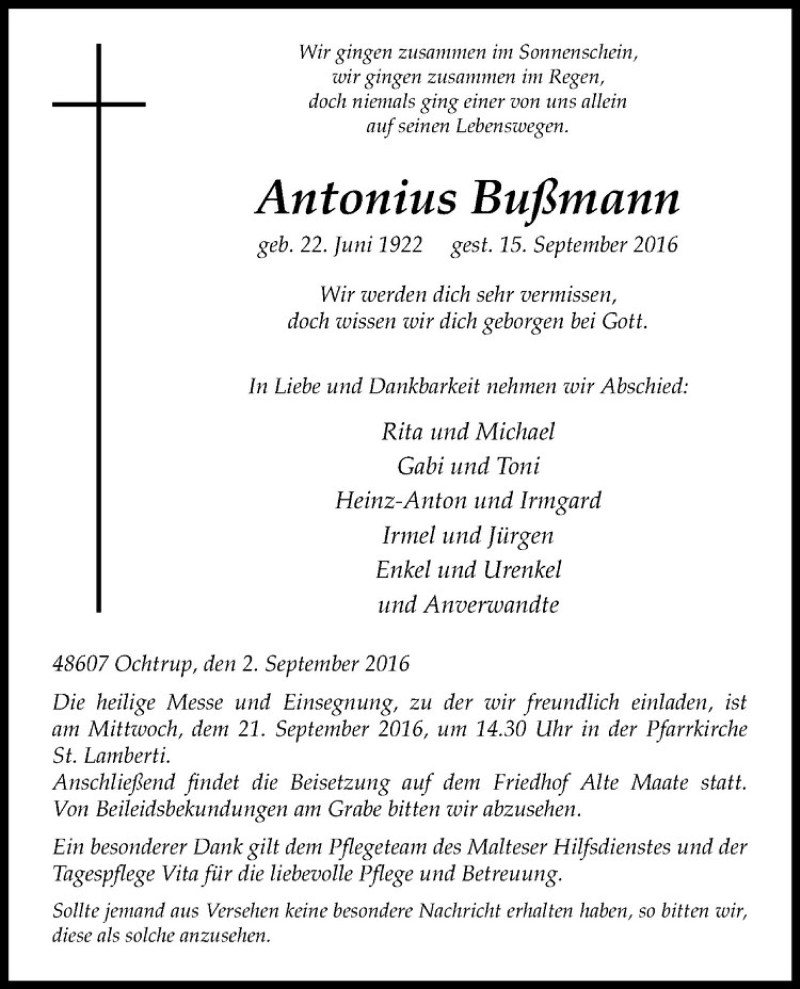  Traueranzeige für Antonius Bußmann vom 17.09.2016 aus Westfälische Nachrichten