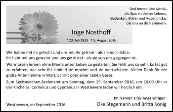 Anzeige von Inge Nosthoff von Westfälische Nachrichten