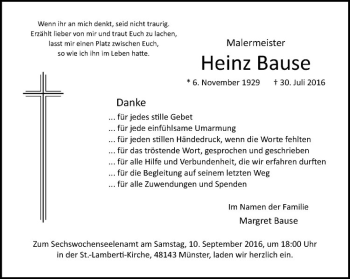 Anzeige von Heinz Bause von Westfälische Nachrichten