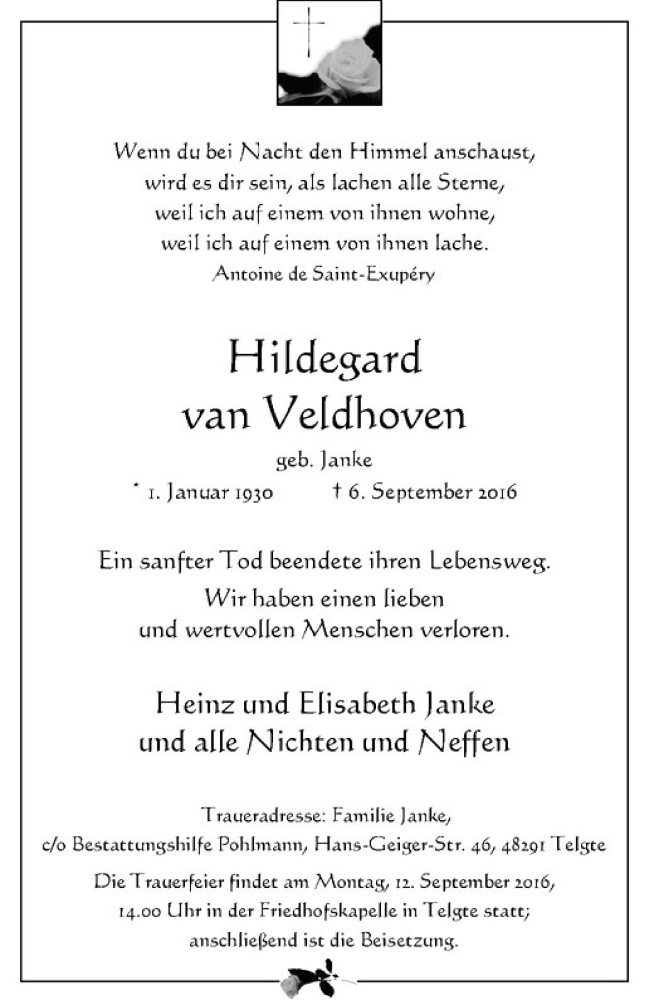  Traueranzeige für Hildegard van Veldhoven vom 10.09.2016 aus Westfälische Nachrichten
