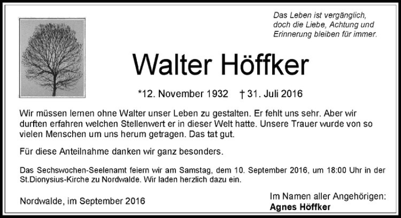  Traueranzeige für Walter Höffker vom 03.09.2016 aus Westfälische Nachrichten