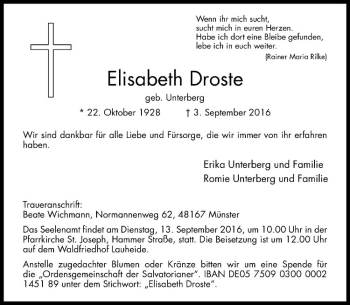 Anzeige von Elisabeth Droste von Westfälische Nachrichten