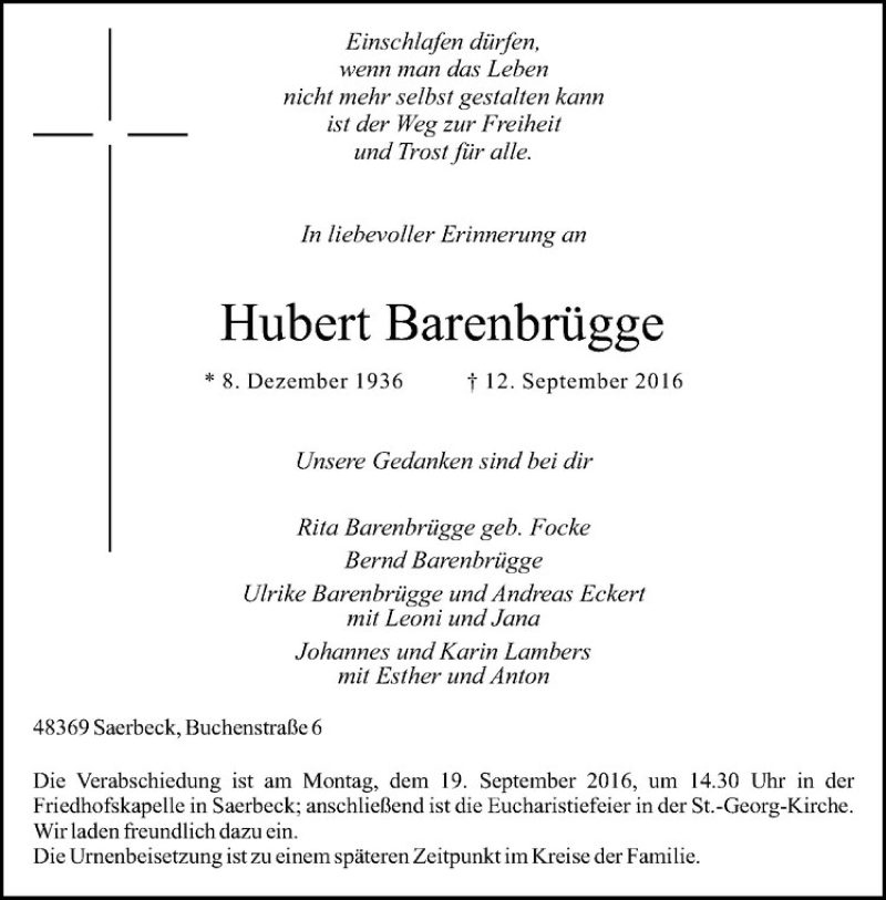  Traueranzeige für Hubert Barenbrügge vom 16.09.2016 aus Westfälische Nachrichten