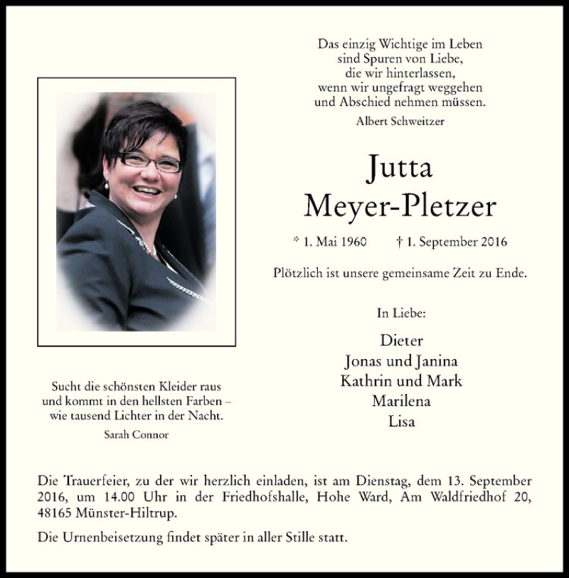 Traueranzeige für Jutta Meyer-Pletzer vom 07.09.2016 aus Westfälische Nachrichten