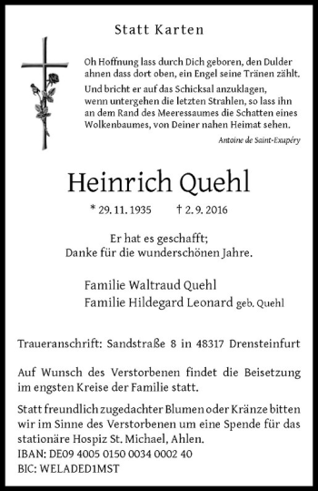 Anzeige von Heinrich Quehl von Westfälische Nachrichten