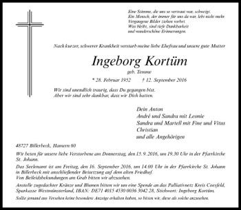 Anzeige von Ingeborg Kortüm von Westfälische Nachrichten