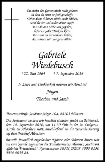 Anzeige von Gabriele Wiedebusch von Westfälische Nachrichten