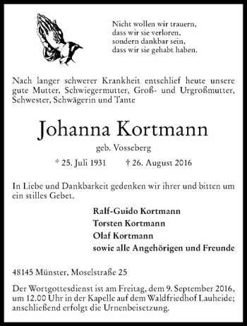 Anzeige von Johanna Kortmann von Westfälische Nachrichten
